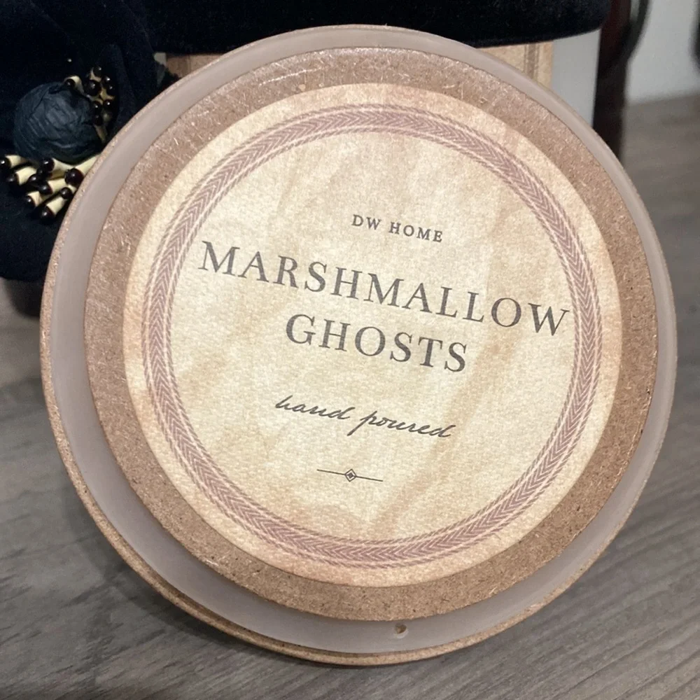DW HOME MARSHMALLOW GHOSTS SINGLE WICK HALLOWEEN JAR CANDLE W/VELVET FLOWER